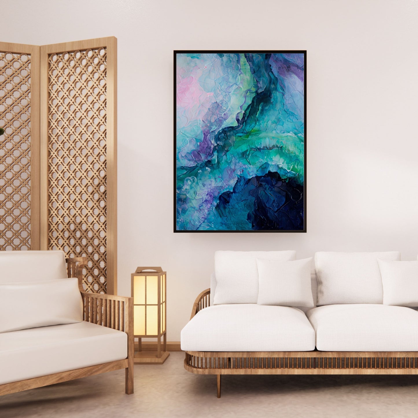 Abstract Painting – Vivid Cool Tones & Dynamic Textured Art