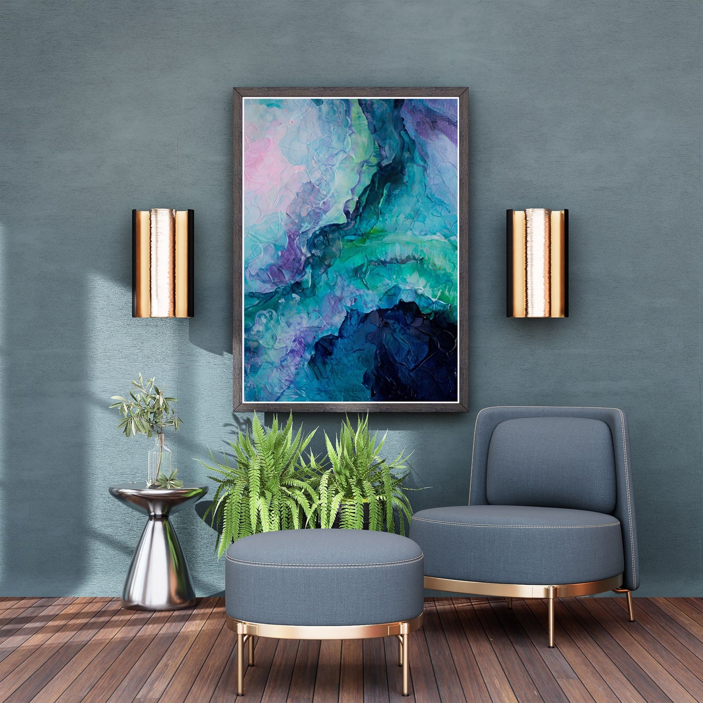 Abstract Painting – Vivid Cool Tones & Dynamic Textured Art