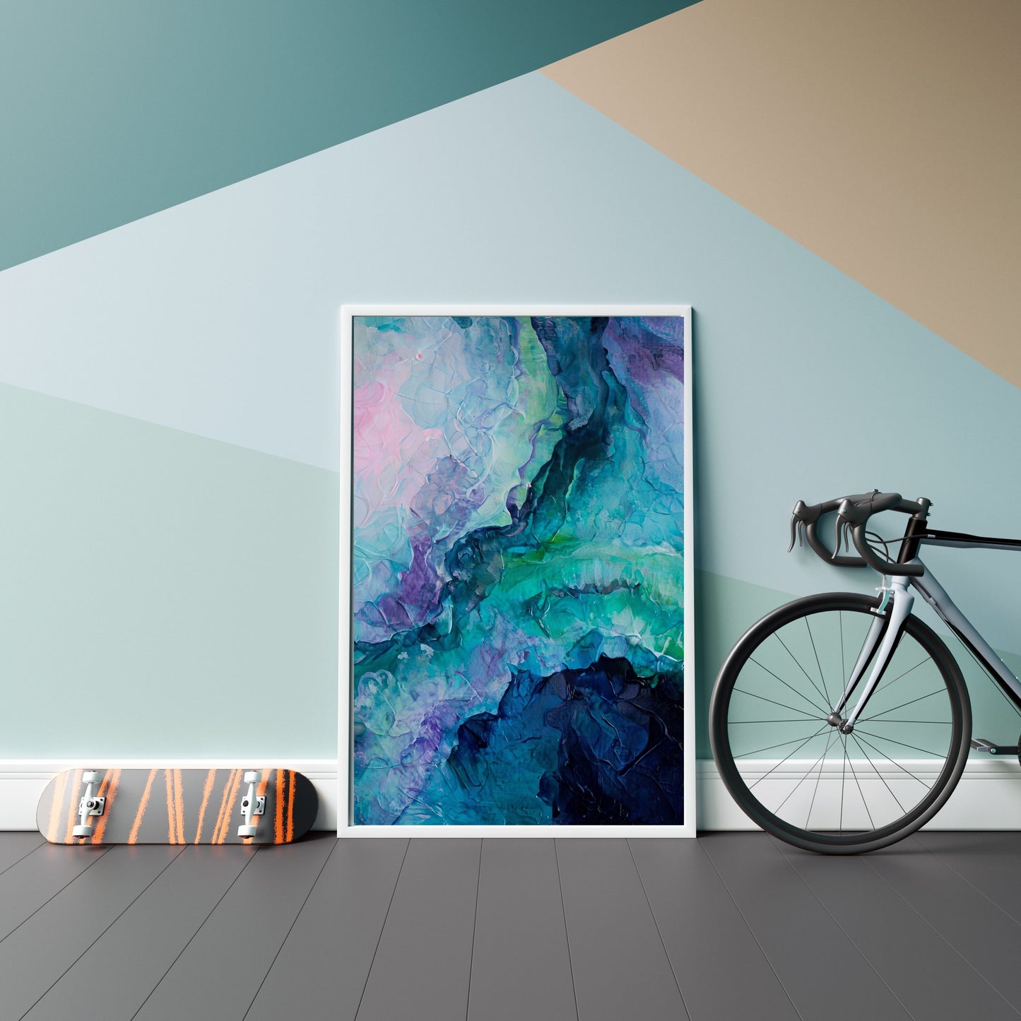 Abstract Painting – Vivid Cool Tones & Dynamic Textured Art