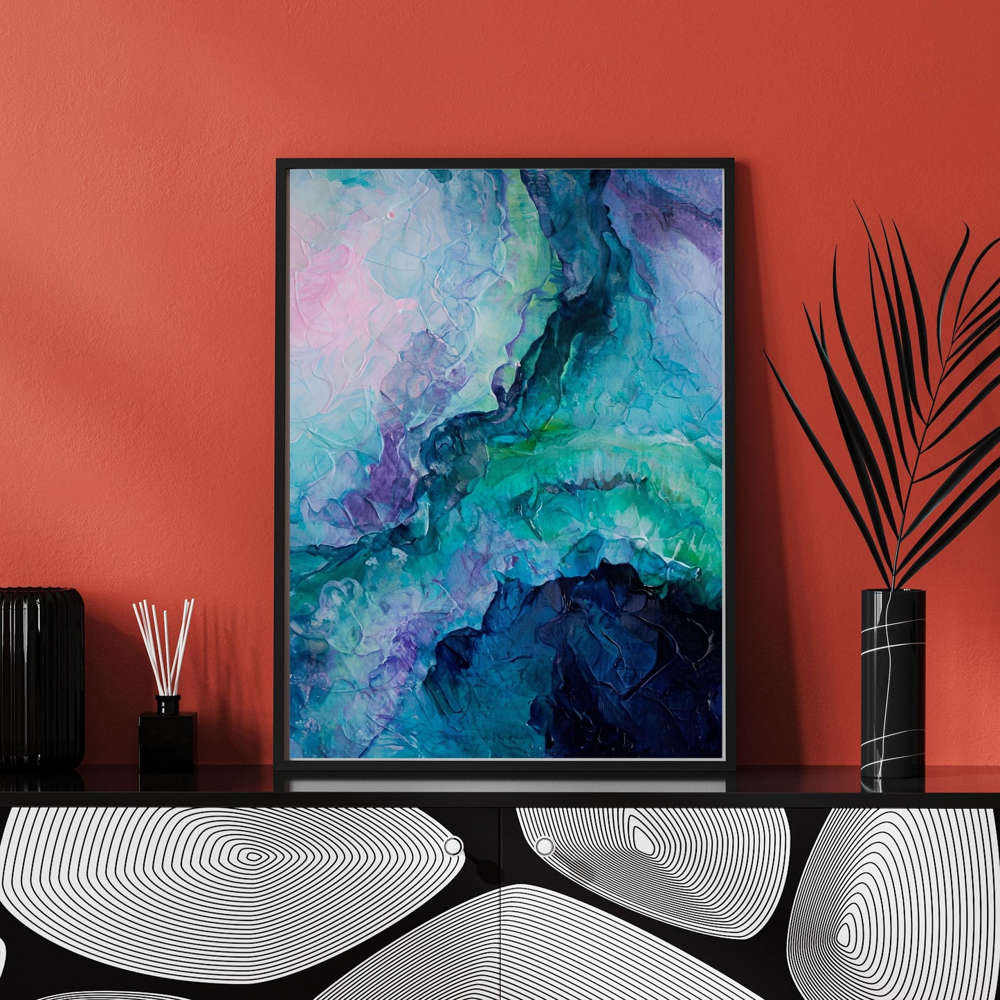 Abstract Painting – Vivid Cool Tones & Dynamic Textured Art