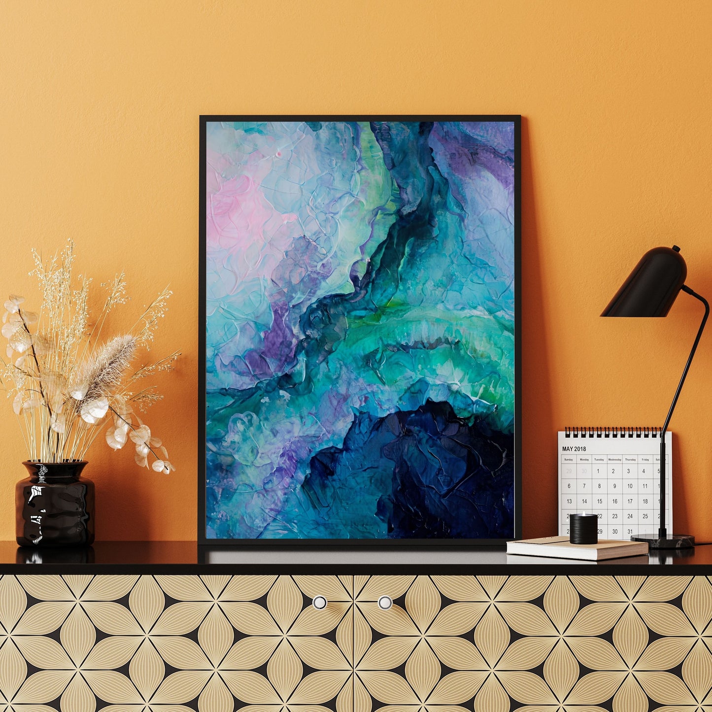 Abstract Painting – Vivid Cool Tones & Dynamic Textured Art