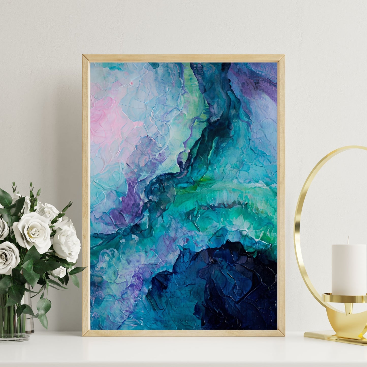 Abstract Painting – Vivid Cool Tones & Dynamic Textured Art